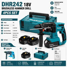 Makita DHR242 packaging, blue and black cordless brushless drill front view
