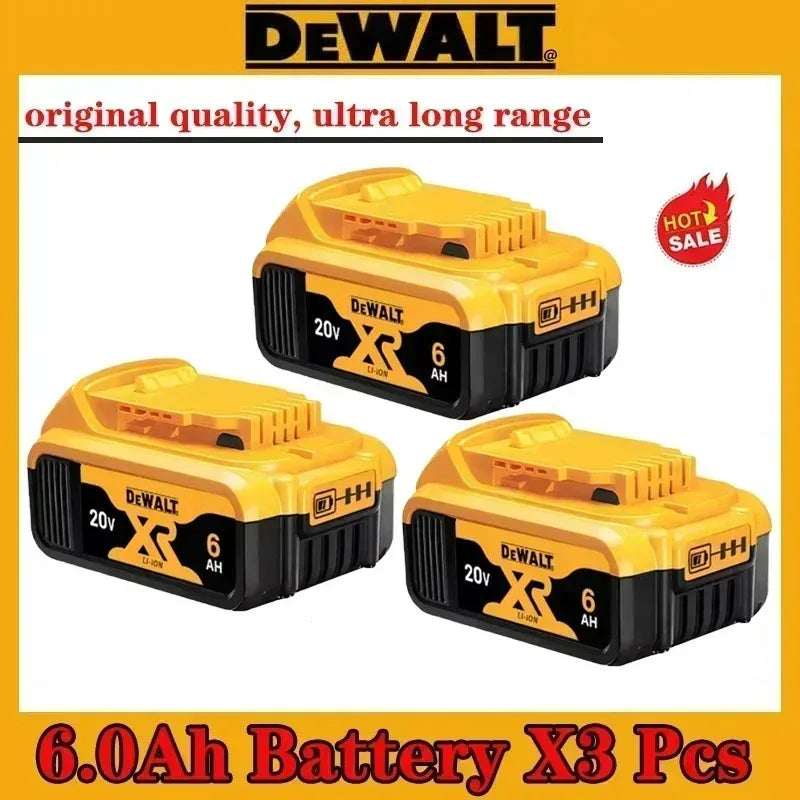 DeWalt 20V XR battery pack front view in yellow and black, 5.0Ah and 6.0Ah