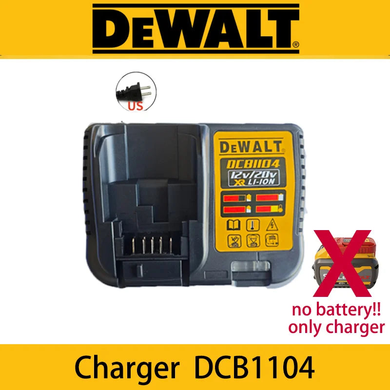 DeWalt DCB1104 charger front view in yellow and black packaging