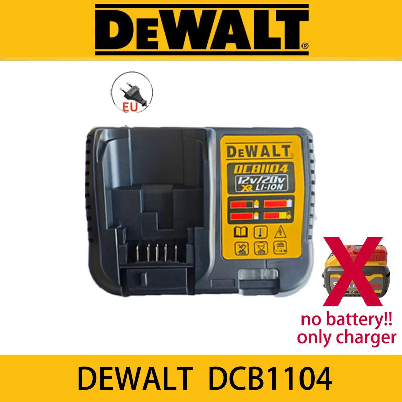 DeWalt battery charger packaging with digital display in yellow and black