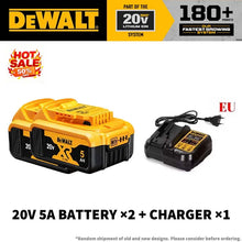 DEWALT 20V 5Ah battery and charger packaging, yellow and black on solid background