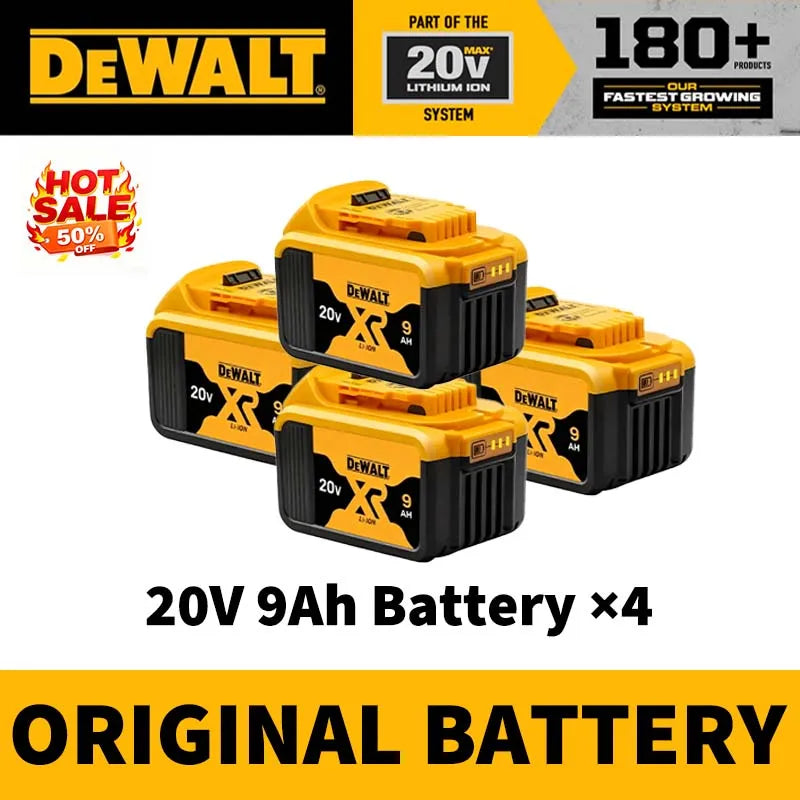 DEWALT 20V 5Ah battery x4 packaging, yellow and black on solid background