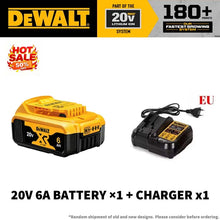 DEWALT 20V battery and charger packaging, white background with black and yellow