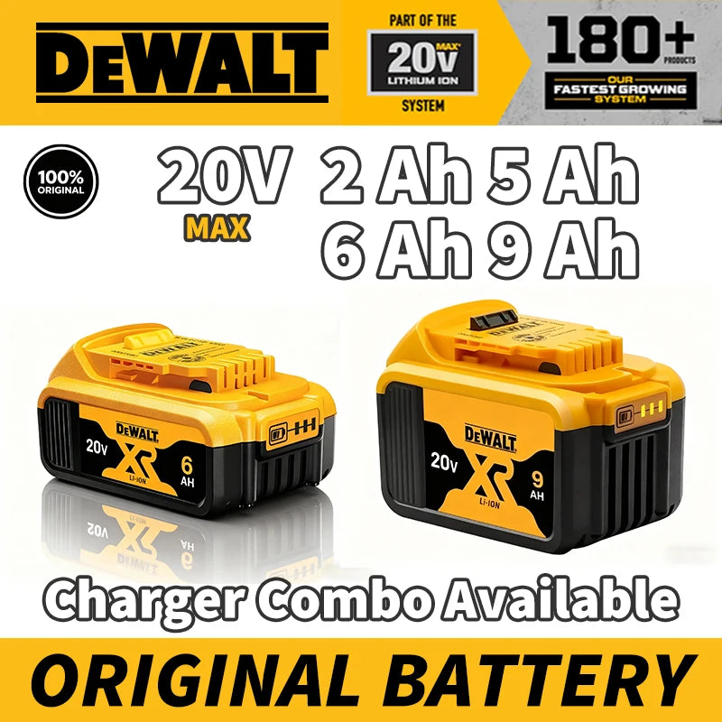 DEWALT 20V battery charger packaging, black and yellow, 6Ah and 9Ah options