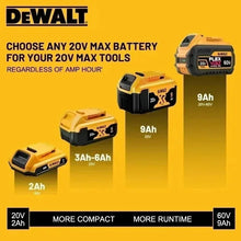 DEWALT 20V battery options lifestyle view, multiple sizes in black and yellow