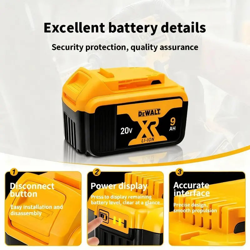 DEWALT 20V battery safety protection detail, close-up in black and yellow
