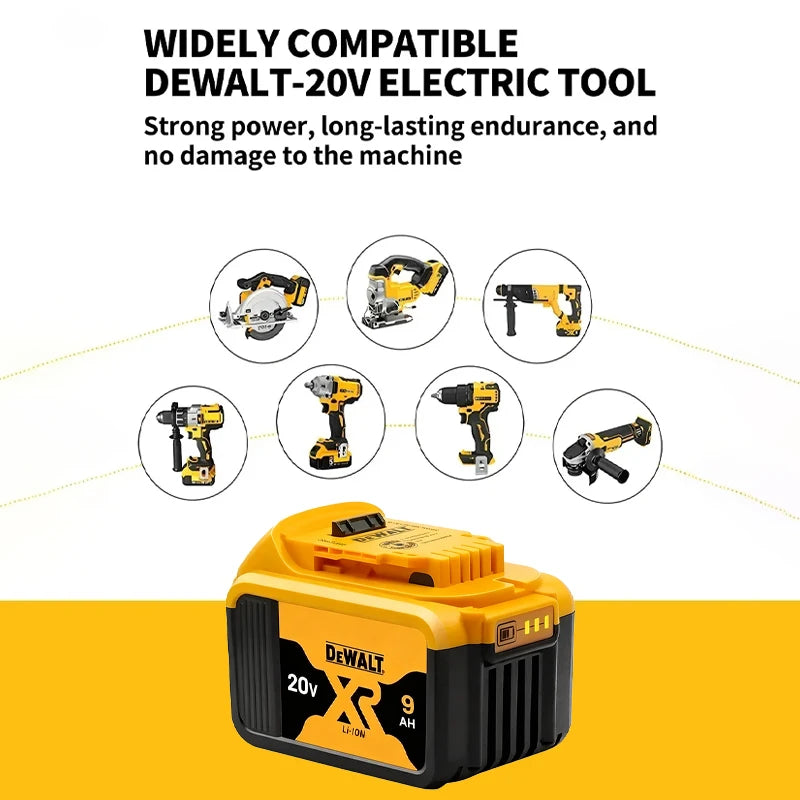 DEWALT 20V battery compatibility detail, black and yellow tools on white background