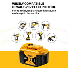 DEWALT 20V battery compatibility detail, black and yellow tools on white background