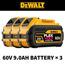 DEWALT 60V 9Ah battery x3 packaging, yellow and black on white background