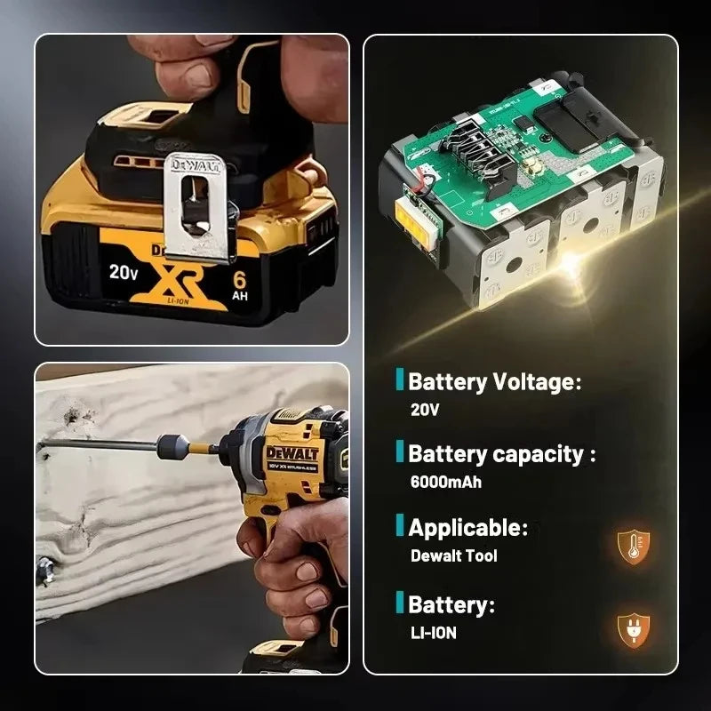 DeWALT 20V 6Ah battery features detail, yellow and black close-up