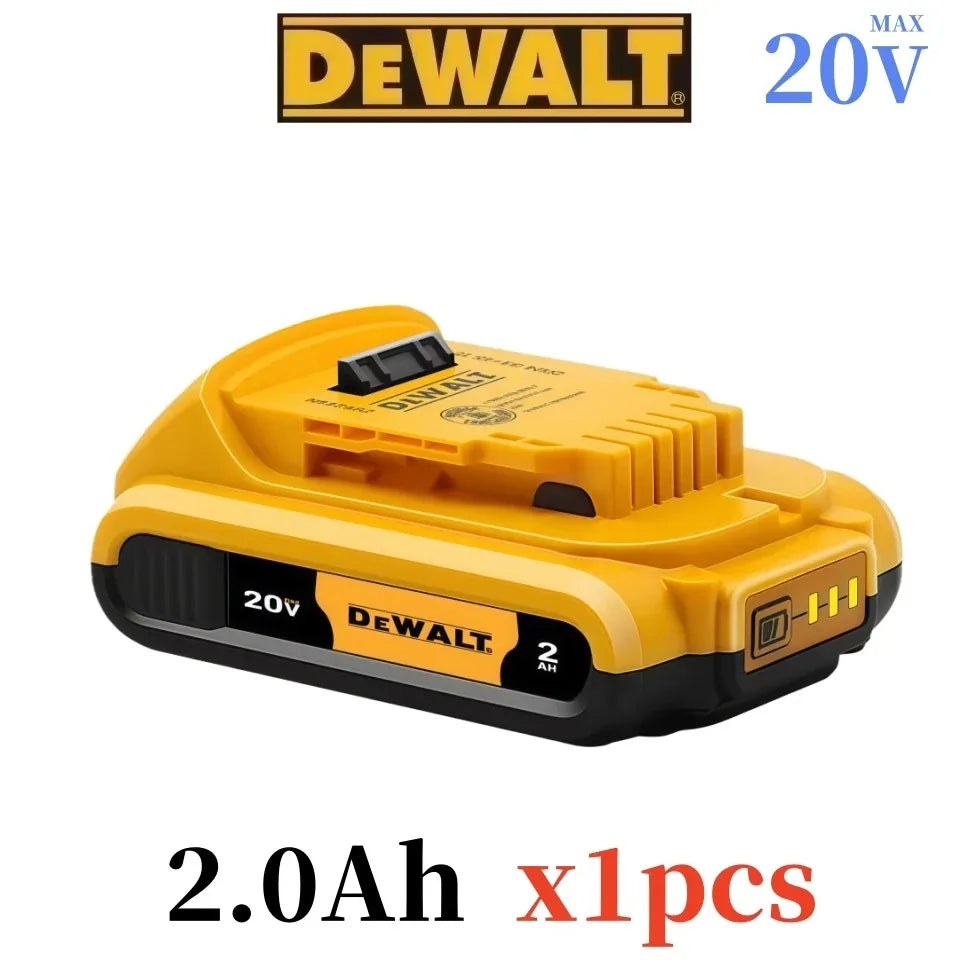 DeWalt 20V battery front view, 2.0Ah capacity, yellow and black