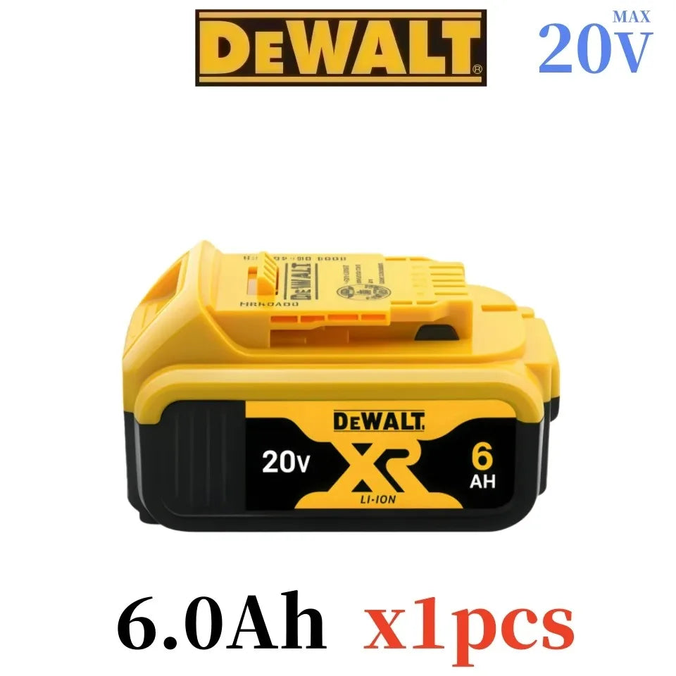 DeWalt 20V battery detail, 6.0Ah capacity, yellow and black close-up