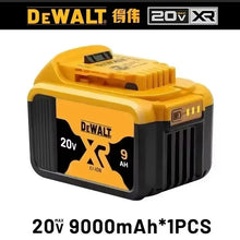 DeWalt 20V battery detail, 9000mAh capacity, yellow and black close-up