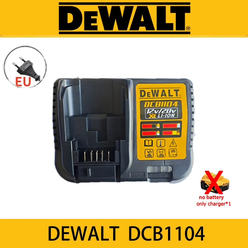 DeWalt 20V charger packaging, digital display, yellow and black view