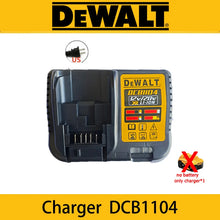 DeWalt 20V charger packaging, LED display, yellow and black view