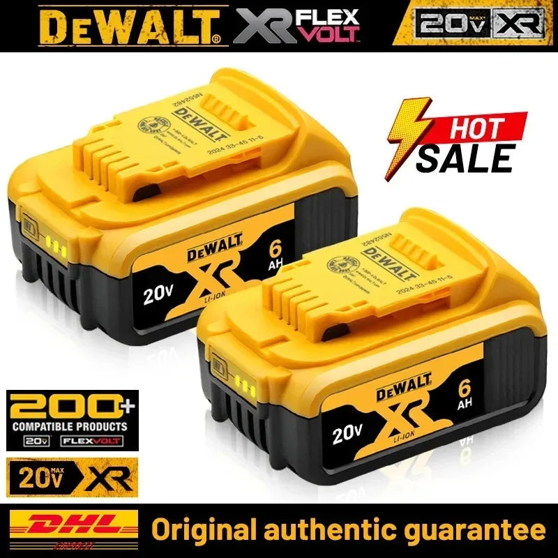 DeWalt 20V DCB206 battery front view in yellow and black