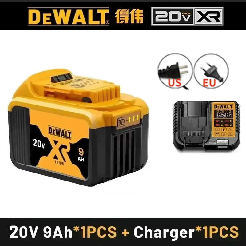 DeWalt battery and charger front view, yellow and black, 20V 6.0Ah set