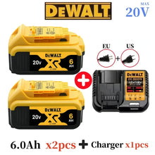 DeWalt battery and charger set front view, yellow and black, 20V 6.0Ah