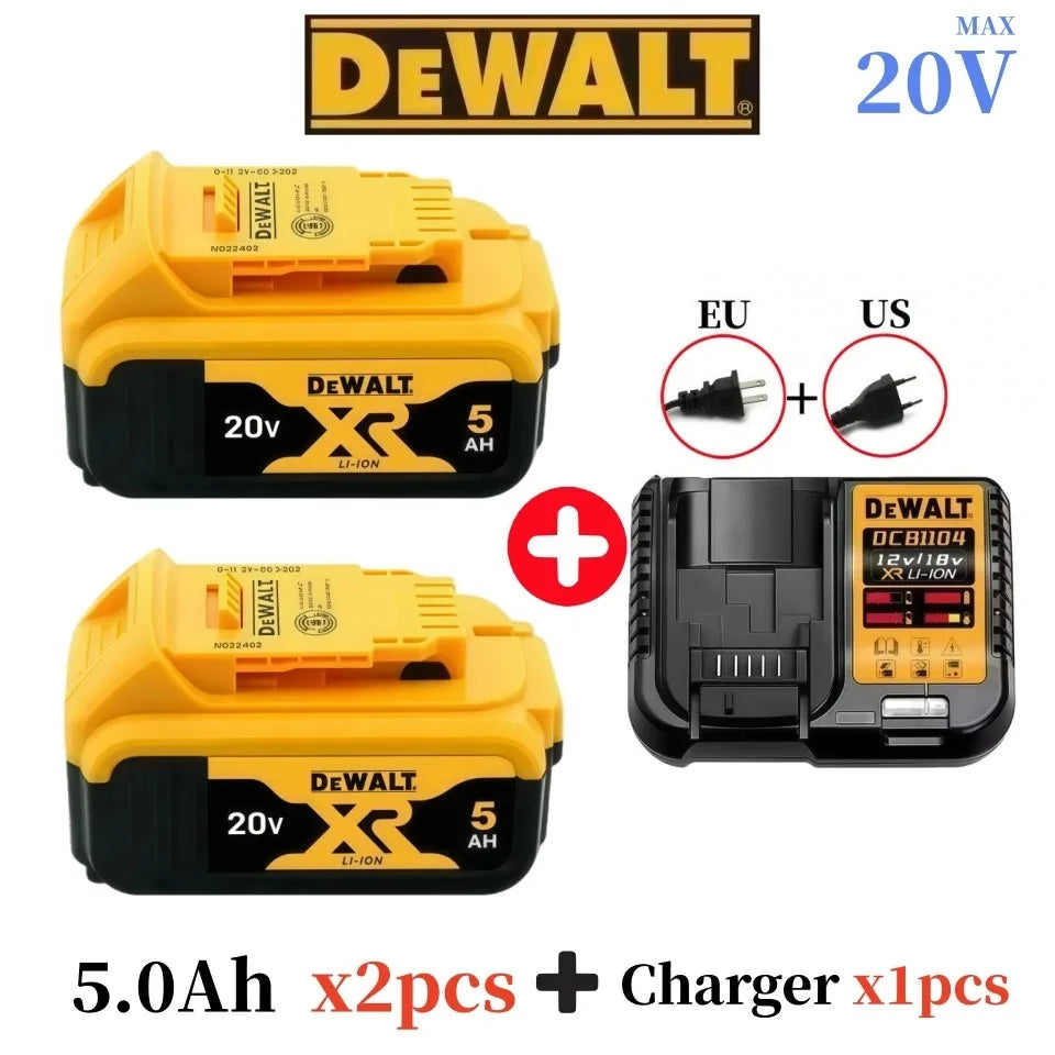 DeWalt 20V DCB206 battery and charger packaging, yellow and black 5.0Ah two-pack