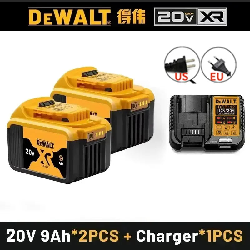 Battery and charger set packaging, yellow and black, two batteries included