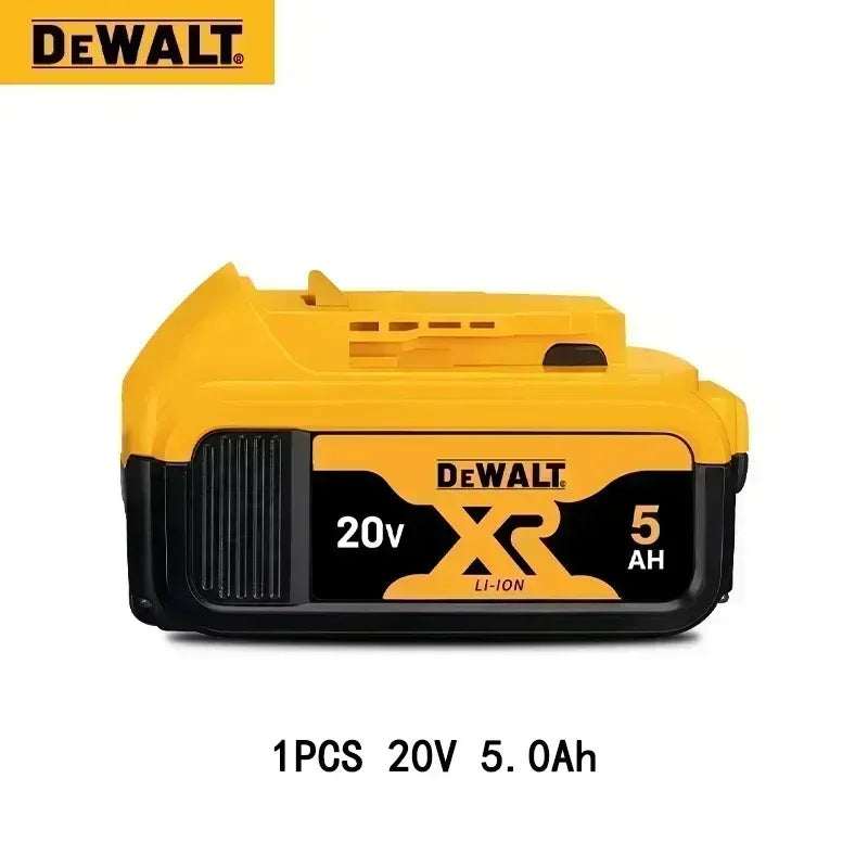 DeWalt battery front view, yellow and black, compact design with USB