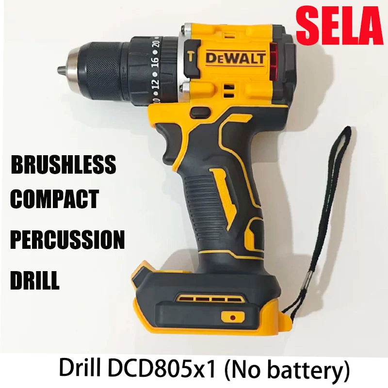 DeWalt drill with battery, yellow and black, brushless compact front view