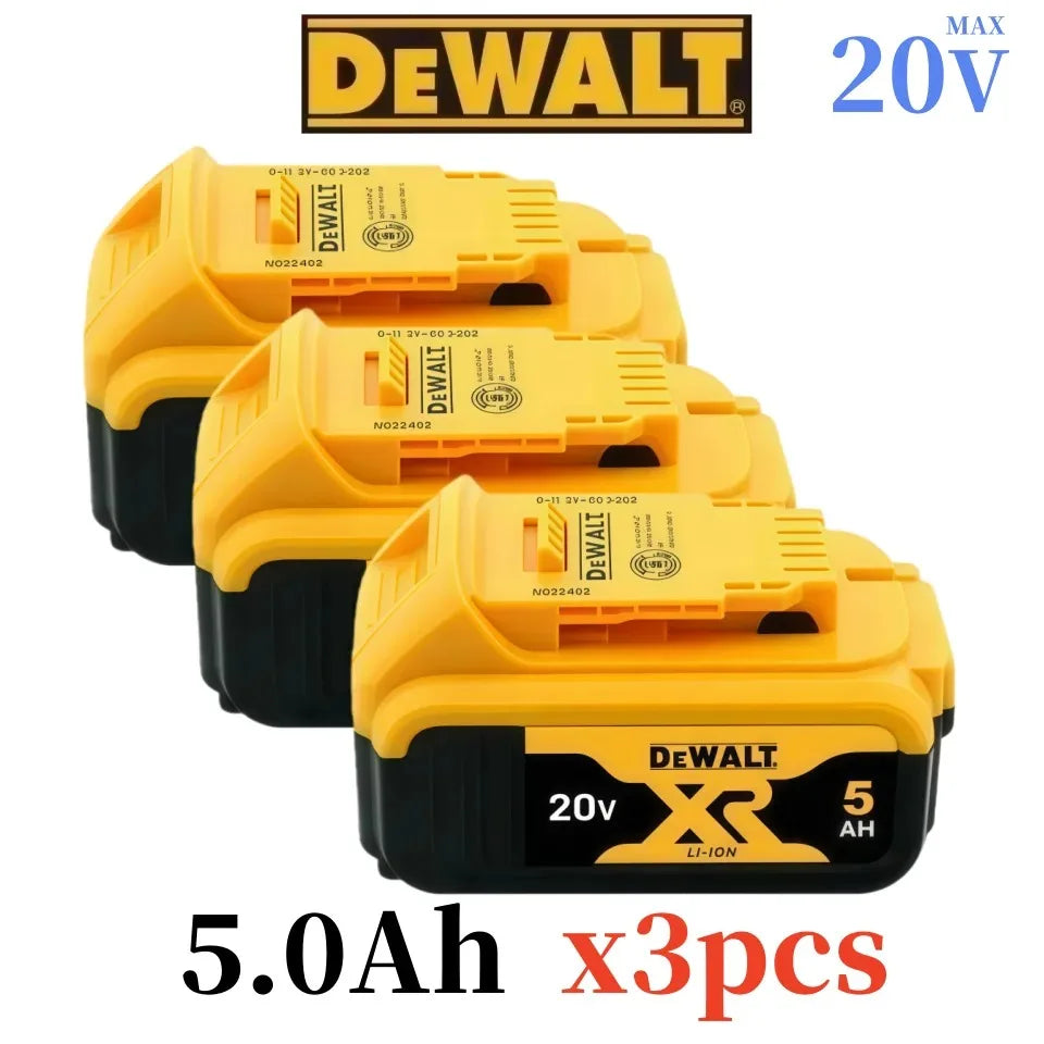 DeWalt 20V DCB206 battery packaging, yellow and black 5.0Ah three-pack