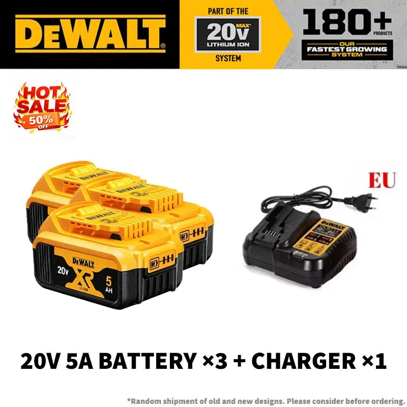 Dewalt XR 20V 5Ah battery x3 packaging, yellow and black with charger