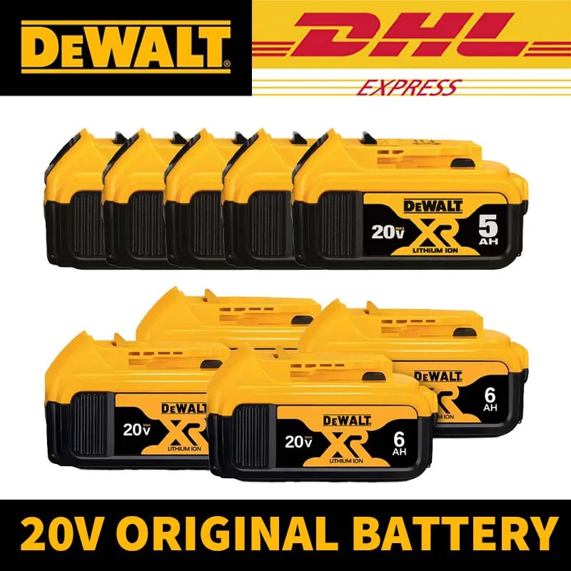DeWalt XR 20V battery pack packaging, yellow and black, six batteries