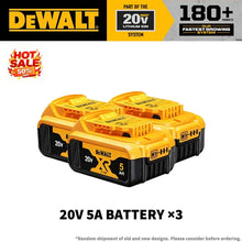 DeWalt XR 20V 5Ah battery pack x3 packaging, yellow-black front view