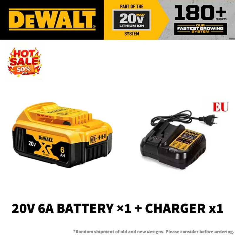 DeWalt XR 20V 6Ah battery with charger packaging, yellow and black