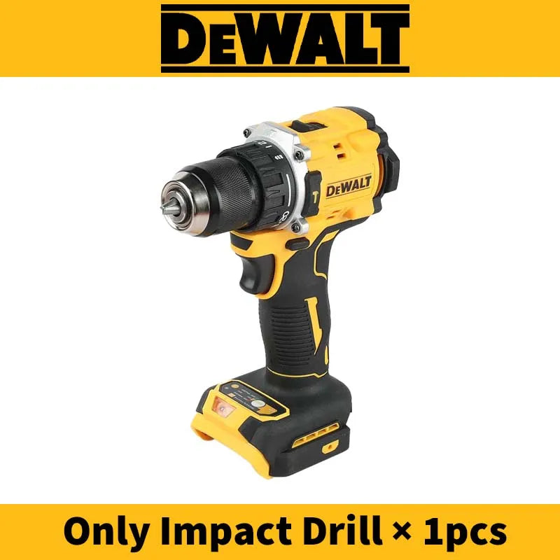 Cordless impact drill front view, yellow and black, variable speed