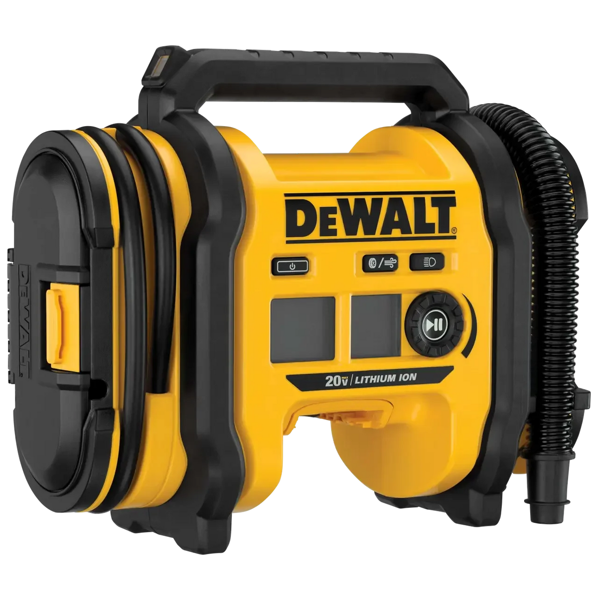 DEWALT DCC020I inflator kit front view with charger, LED display detail