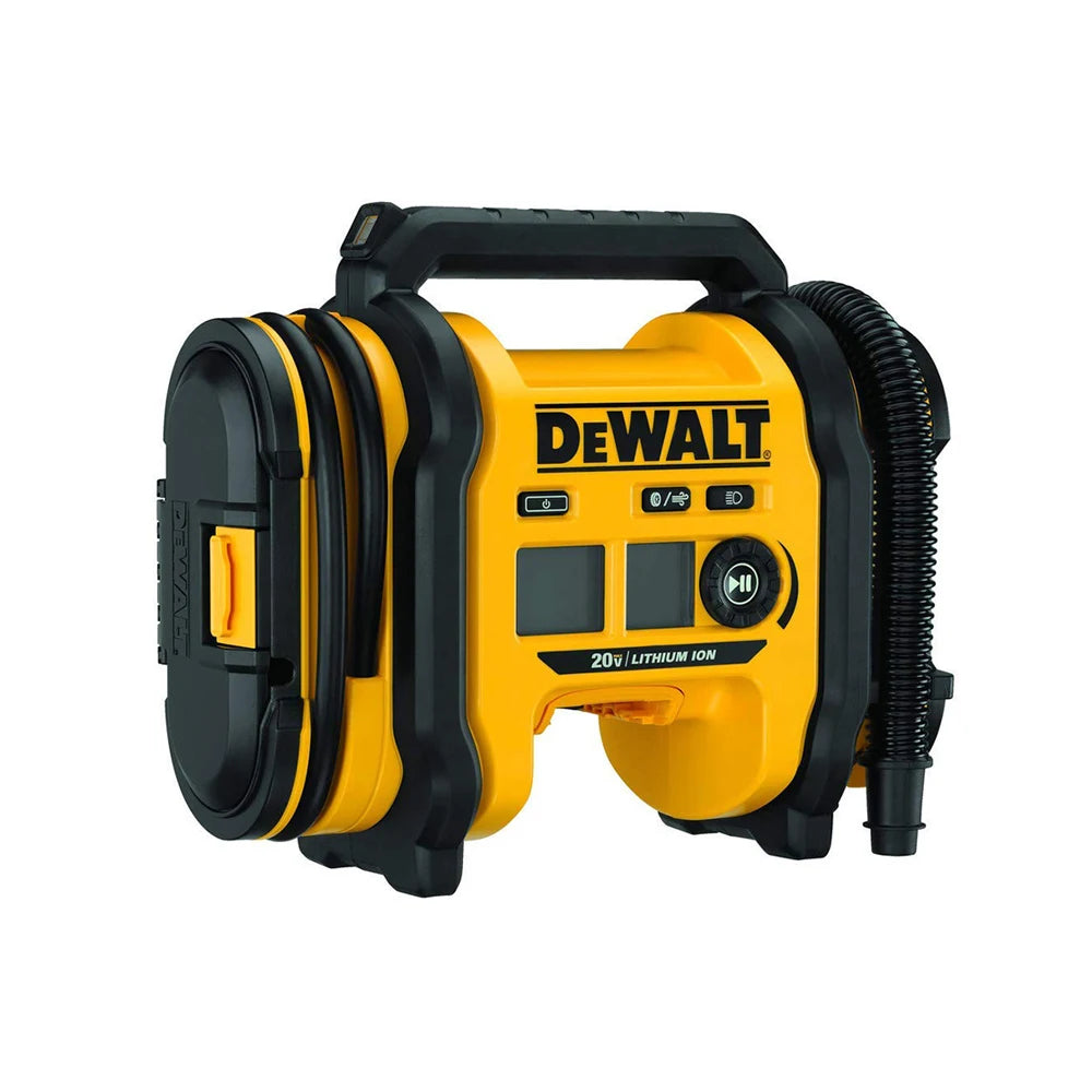 DEWALT DCC020I inflator kit side view in yellow and black