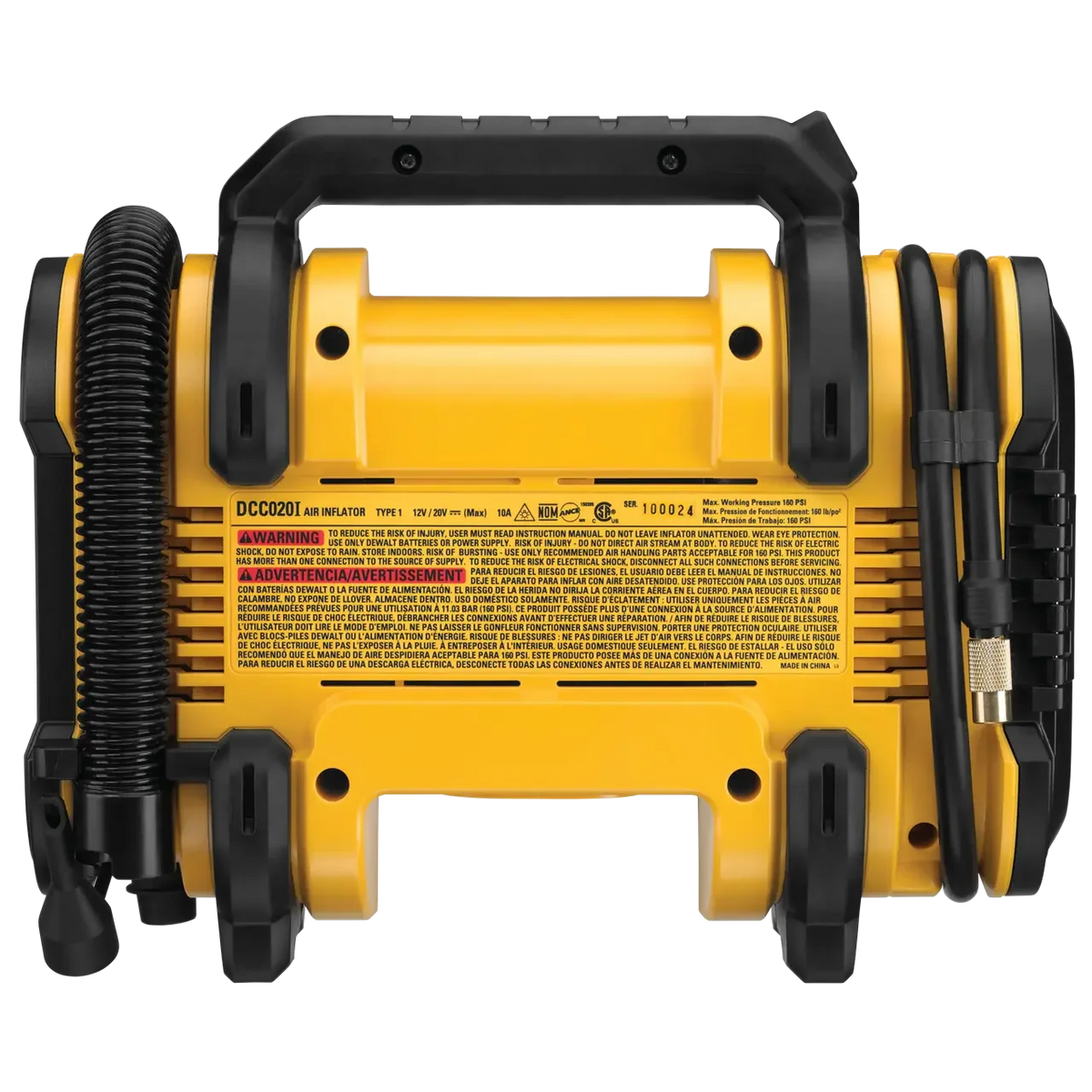 DEWALT DCC020I inflator kit back view, digital gauge and controls