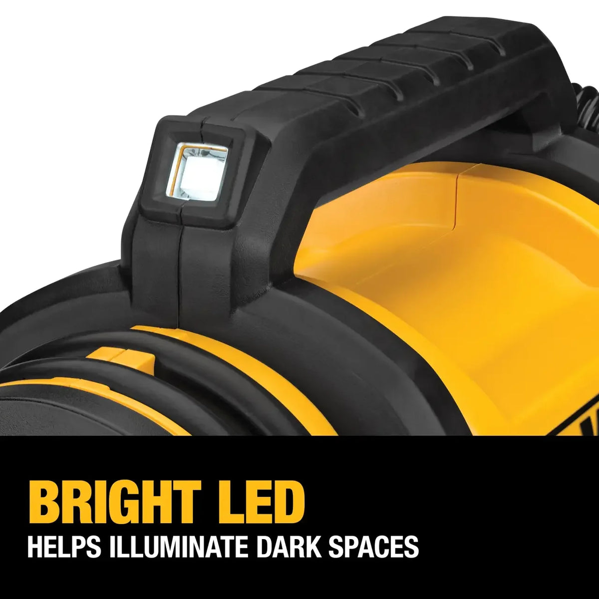 DEWALT DCC020I inflator kit detail, bright LED light in yellow and black