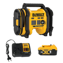 DEWALT DCC020I inflator kit with charger, yellow and black lifestyle shot