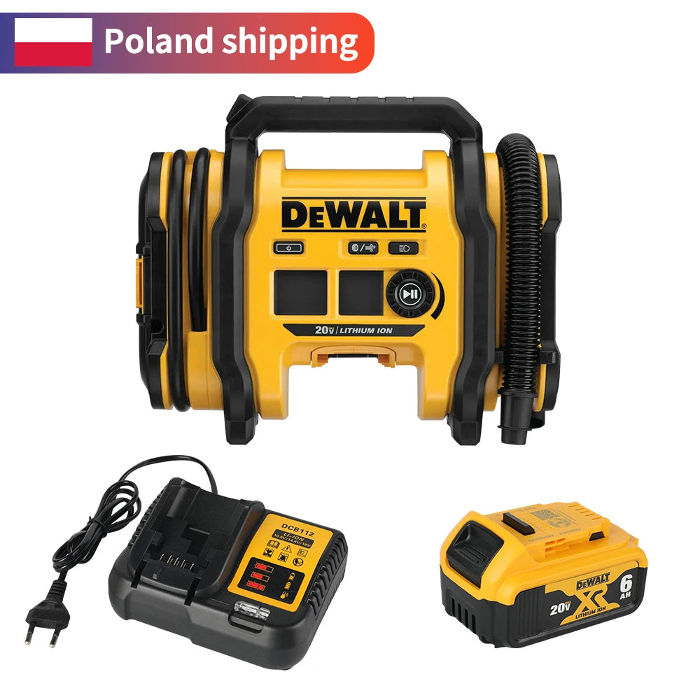 DEWALT DCC020I cordless inflator kit, yellow and black lifestyle shot