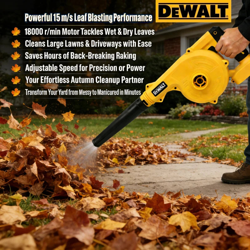 Dewalt cordless leaf blower yellow, adjustable speed lifestyle shot