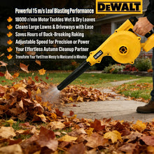 Dewalt cordless leaf blower yellow, adjustable speed lifestyle shot