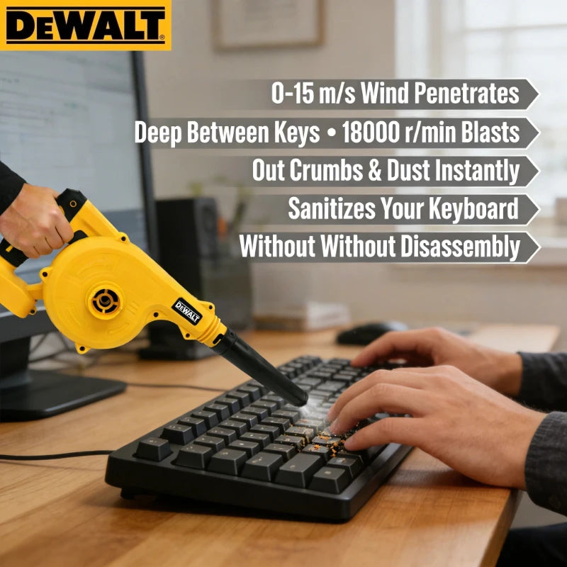 Dewalt cordless leaf blower yellow, handheld lifestyle view