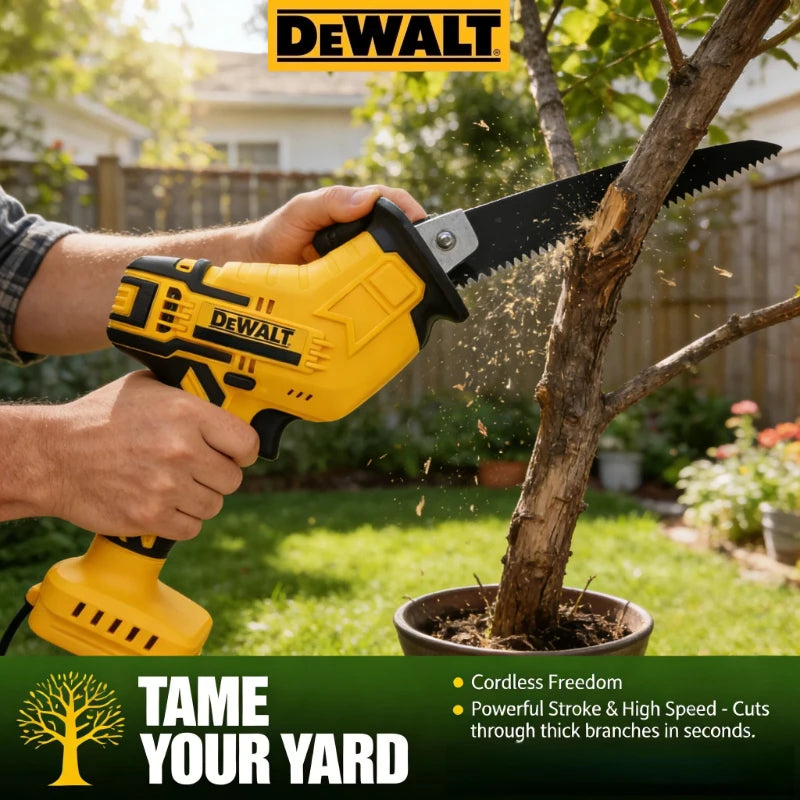 Dewalt 20V compact reciprocating saw lifestyle, pruning branches theme in yellow and black