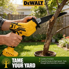 Dewalt 20V compact reciprocating saw lifestyle, pruning branches theme in yellow and black