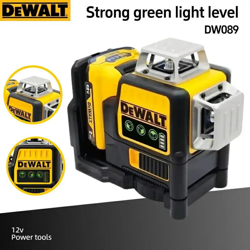 DEWALT DW089LG green laser level detail, 12 lines and strong light