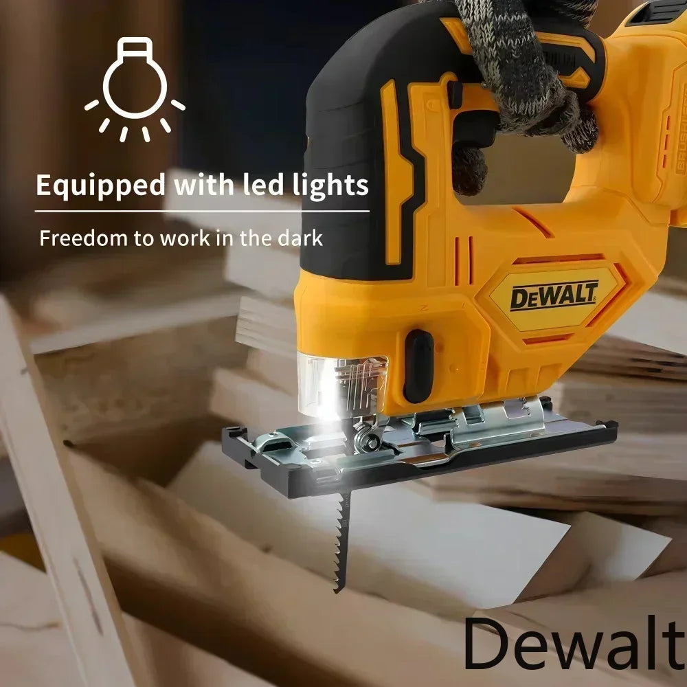 Dewalt 20V jig saw cutting wood with LED, cordless yellow-black tool (lifestyle shot)