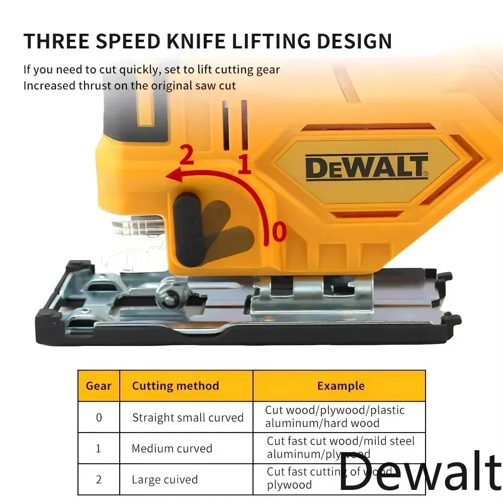 Dewalt 20V jig saw speed settings detail, yellow-black tool (detail close-up)