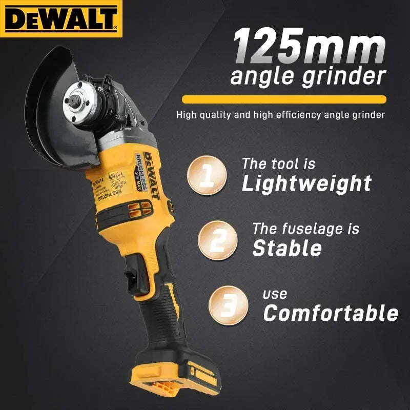 DEWALT DCG414 125mm grinder front view in yellow and black