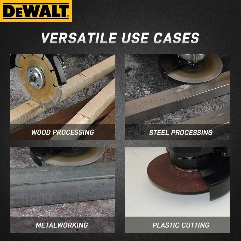 DEWALT DCG414 cordless grinder side view cutting wood