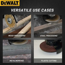 DEWALT DCG414 cordless grinder side view cutting wood