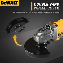 DEWALT DCG414 double sand wheel cover detail in black and yellow